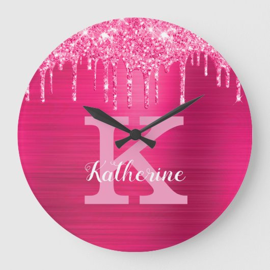 Girly Hot Pink Glitter Drips Glam Monogram Name Große Wanduhr (Vorderseite)