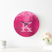 Girly Hot Pink Glitter Drips Glam Monogram Name Große Wanduhr (Zuhause)