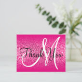 Girly Hot Pink Glitzer Ombre Monogram Vielen Dank Postkarte (Stehend Vorderseite)