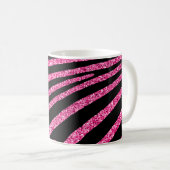 Girly Hot Pink Glitzer und Black Zebra Stripe Kaffeetasse (VorderseiteRechts)