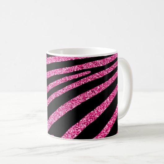 Girly Hot Pink Glitzer und Black Zebra Stripe Kaffeetasse (VorderseiteRechts)