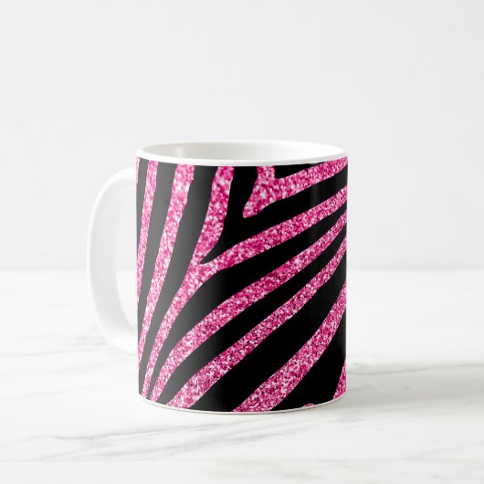 Girly Hot Pink Glitzer und Black Zebra Stripe Kaffeetasse (Vorderseite Links)