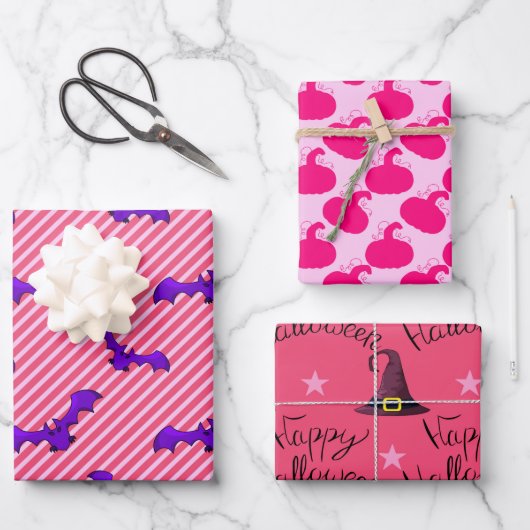 Girly Hot Pink Happy Halloween Mixed Pattern Gesch Geschenkpapier Set (Vorderseite)
