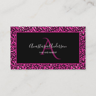 Girly Hot Pink Leopard Spots Chic Black Monogram Visitenkarte