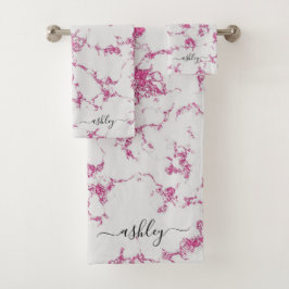 Girly Hot Pink Magenta Glitzer Marmorskriptname Badhandtuch Set