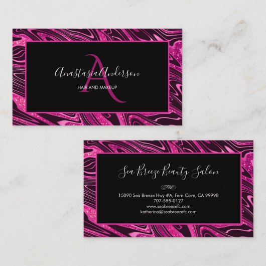 Girly Hot Pink Marmor Glitzer Fun Elegantes Monogr Visitenkarte (Vorne/Hinten)
