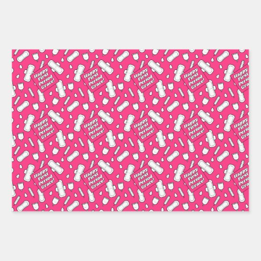 Girly Hot Pink Pad Muster Text Erster Zeitraum Par Geschenkpapier Set (Vorderseite 2)
