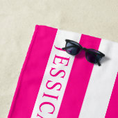 Girly Hot Pink White Cabana Strip Personalisiert Strandtuch (Beispiel)