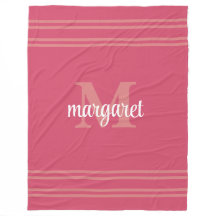 Girly hot pink white monogram name Fleece Blanket