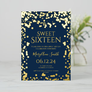 Girly Imitats Gold Foil Confetti Sweet 16 Navy Folieneinladung