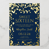 Girly Imitats Gold Foil Confetti Sweet 16 Navy Folieneinladung (Vorderseite)