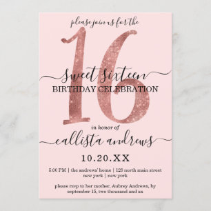 Girly Imitats Rose Gold Blush Pink Glitzer Sweet 1 Einladung