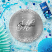 Girly Imitats Silver Glittery Foil Monogram Pappteller (Party)