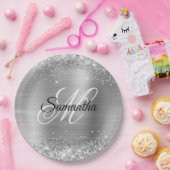 Girly Imitats Silver Glittery Foil Monogram Pappteller (Party)