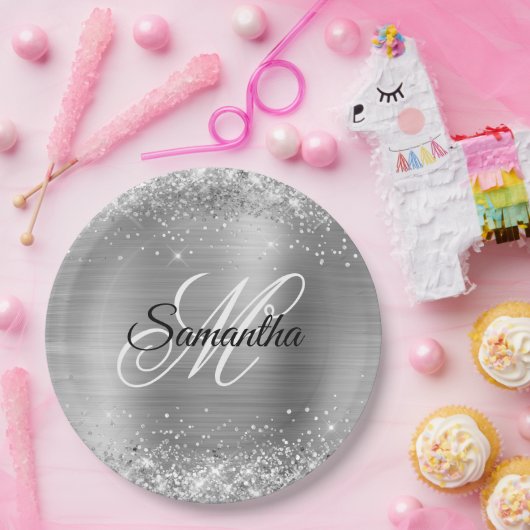 Girly Imitats Silver Glittery Foil Monogram Pappteller (Party)