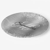 Girly Imitats Silver Glittery Foil Monogram Pappteller (Schrägansicht)