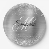 Girly Imitats Silver Glittery Foil Monogram Pappteller (Vorderseite)