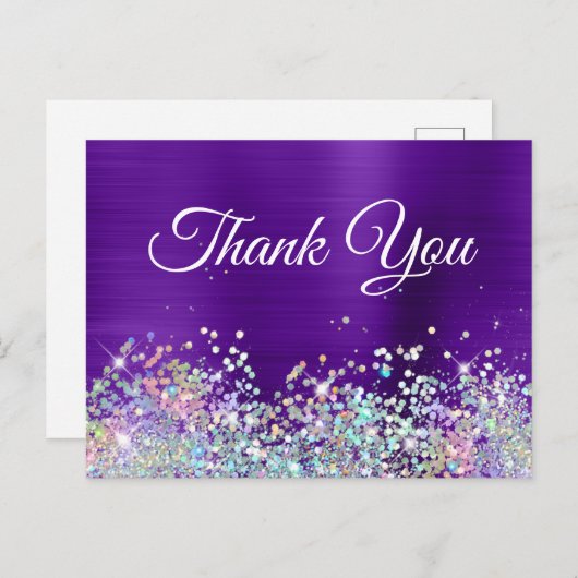 Girly Indigo Lila Foil Holo Glitzer Vielen Dank Postkarte (Vorne/Hinten)