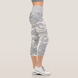 Girly Lace Pattern Weiße und Graue Fitness Capri Leggings