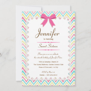 Girly Lace Watercolor Zickzack Pink Bow Sweet 16 Einladung