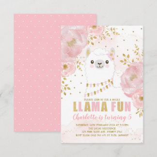 Girly Lama-Geburtstags-Rosa-Goldblumenalpaka-Party Einladung