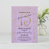 Girly Lavender Gold Confetti Border Quinceañera Einladung (Stehend Vorderseite)