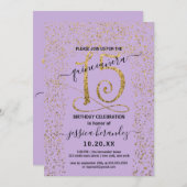 Girly Lavender Gold Confetti Border Quinceañera Einladung (Vorne/Hinten)
