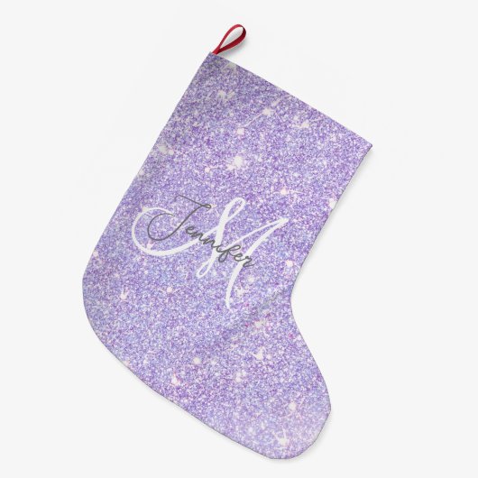 Girly Lavender Lila Glitzer Blush Monogram Name Großer Weihnachtsstrumpf (Vorderansicht (hängend))