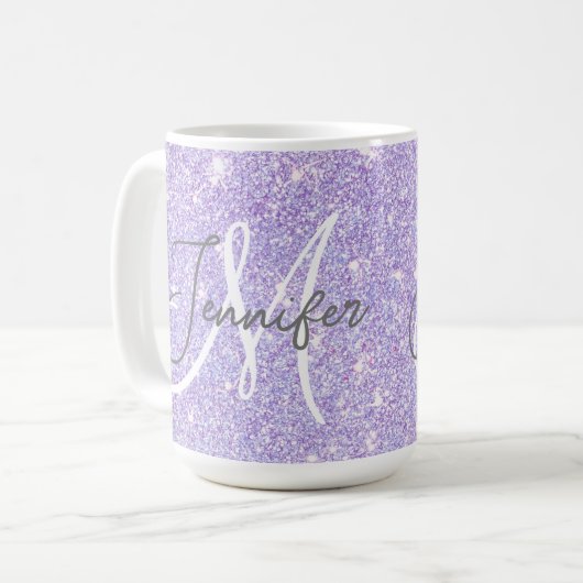 Girly Lavender Lila Glitzer Blush Monogram Name Kaffeetasse (Vorderseite Links)