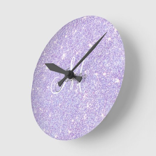 Girly Lavender Lila Glitzer Blush Monogram Name Runde Wanduhr (Winkel)