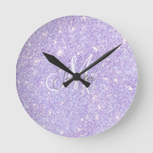 Girly Lavender Lila Glitzer Blush Monogram Name Runde Wanduhr