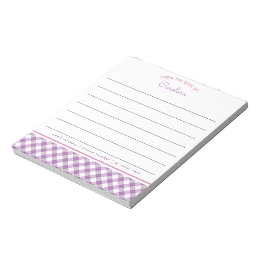 Girly Lavender Lila & Pink Script Gingham Notizblock (Rotiert)