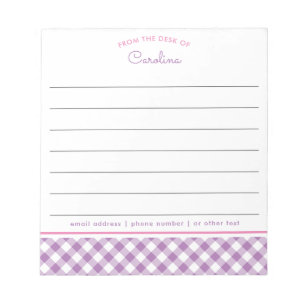 Girly Lavender Lila & Pink Script Gingham Notizblock
