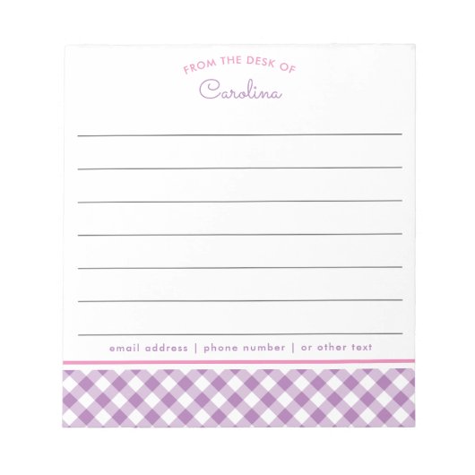 Girly Lavender Lila & Pink Script Gingham Notizblock (Vorderseite)