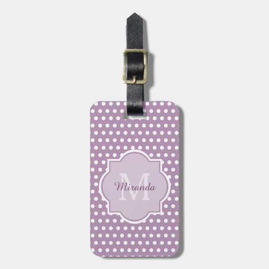 Girly Lavender Lila Polka Dots Monogramm und Name Gepäckanhänger (Vorderseite vertikal)