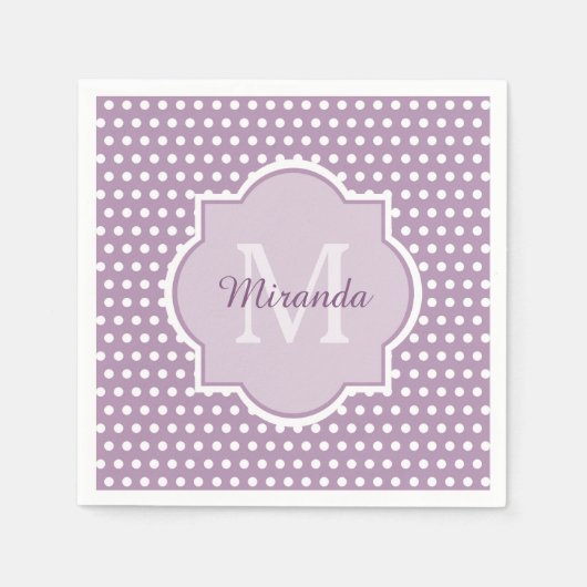 Girly Lavender Lila Polka Dots Monogramm und Name Serviette (Vorderseite)