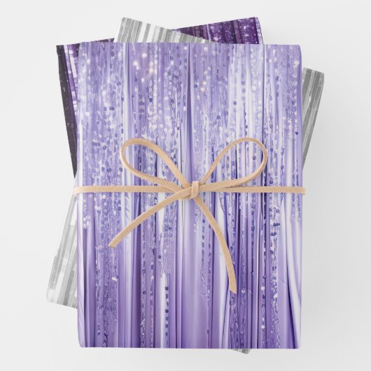 Girly Lavender Lila Silver Glam Tinsel Streifen Geschenkpapier Set (Beispiel)