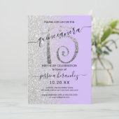 Girly Lavender Silver Glitzer Ombre Quinceañera Einladung (Stehend Vorderseite)