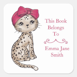 Girly Leopard Baby W/Red Bow Turban Buchzeichen Quadratischer Aufkleber