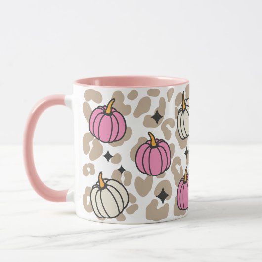 Girly Leopard Pink und White Pumpkins Halloween Tasse (Links)