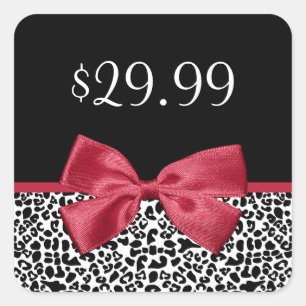 Girly Leopard Printpreise Tags Niedlich Red Ribbon Quadratischer Aufkleber