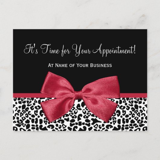 Girly Leopard Salon Ernennung Erinnerung Red Bow Postkarte (Vorderseite)