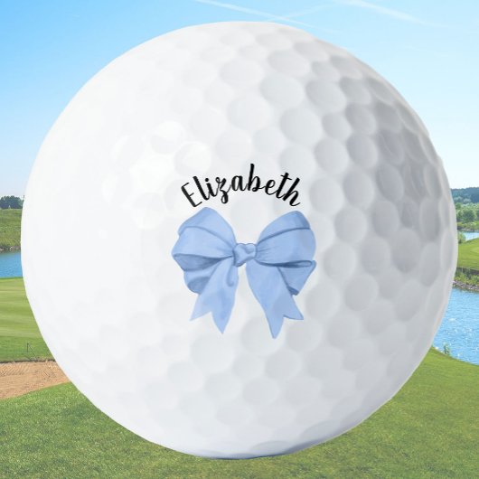 Girly Light Blue Bow Lady Golfer Custom Name Golfball