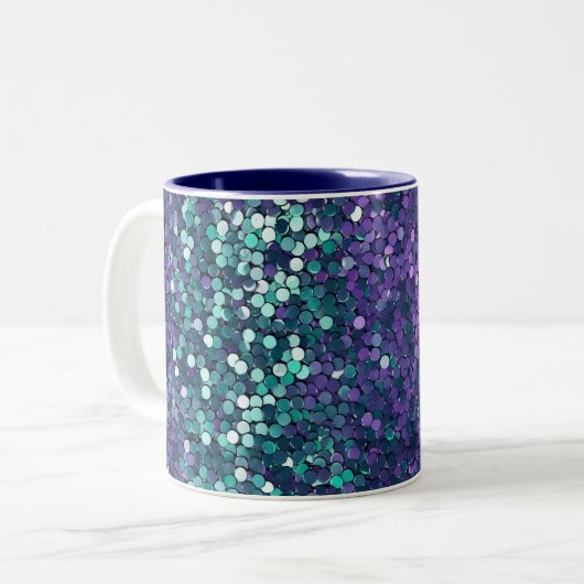 Girly Lila Aqua Mermaid Sparkle Zweifarbige Tasse (Vorderseite Links)