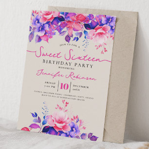Girly Lila Blumen Süße 16. Geburtstag Champagner Einladung