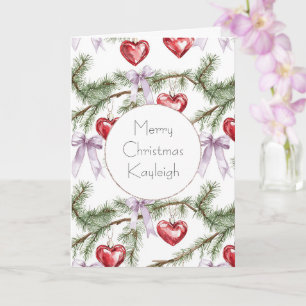 Girly Lila Bows Christmas Tree Branches Hearts Karte