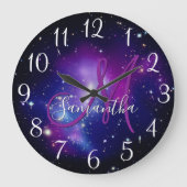 Girly Lila Celestial Foto Monogram Große Wanduhr (Vorderseite)