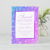 Girly Lila und Pink Glitzer Sweet 16 Einladung (Stehend Vorderseite)