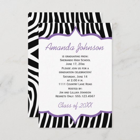 Girly Lila und Zebra Print Graduation Party Einladung (Vorne/Hinten)