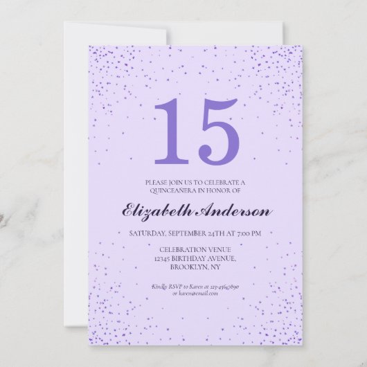 Girly Lila Violet Glitzer Dress Quinceañera Einladung (Rückseite)
